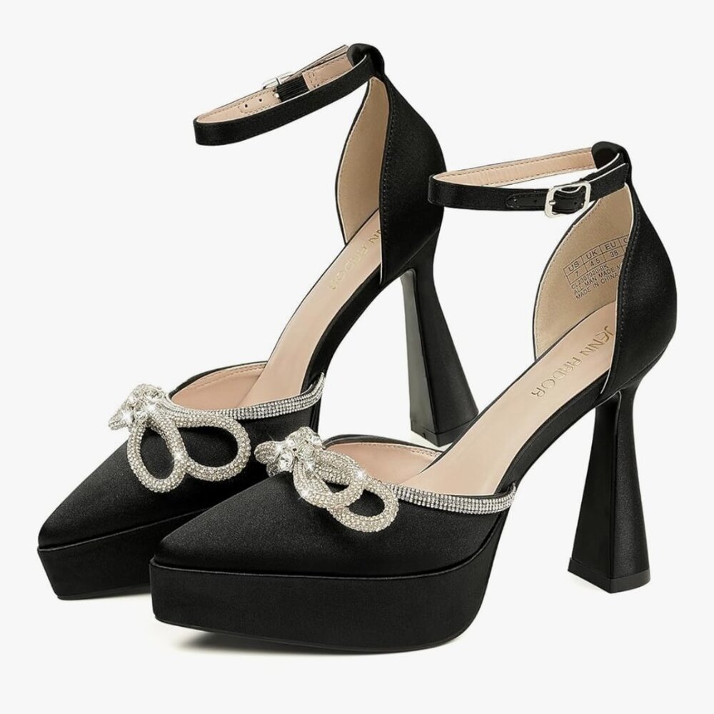 Rhinestone Bow Platform Heels | 4.5” Stilettos | Pointed Toe Ankle Strap Pumps |